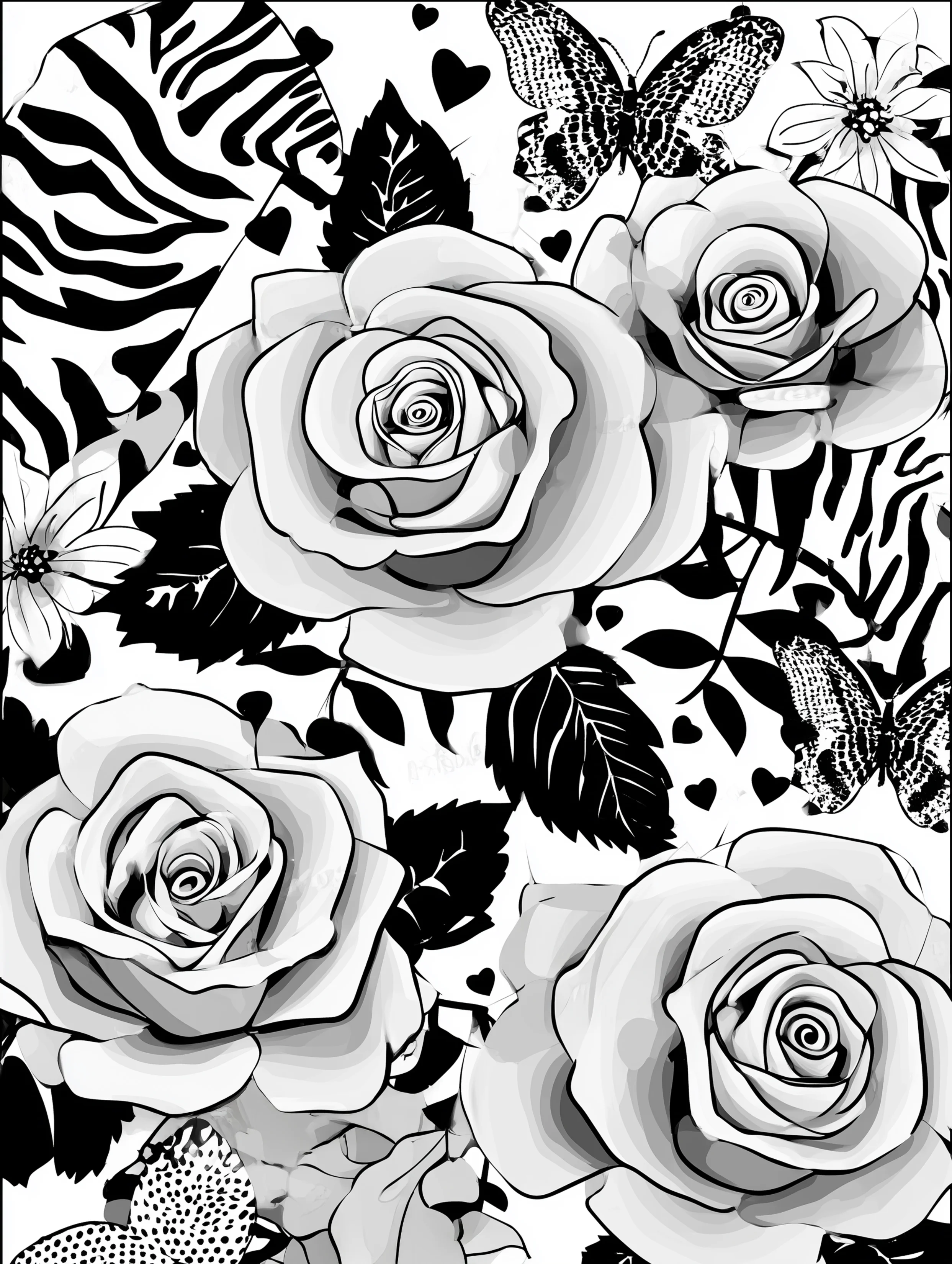 Free printable rose coloring page for adults featuring zebra texture patterns with roses